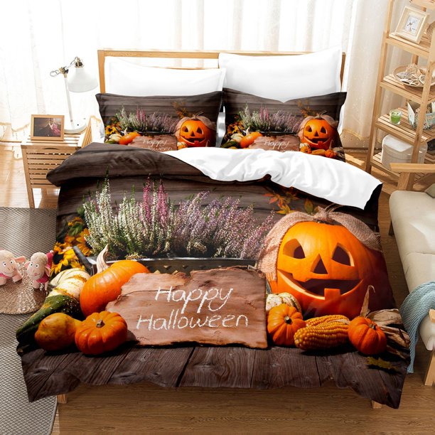 Halloween Pumpkin Series Three-Piece Home Textile Set Digital Printing 90G Brushed down Quilt Cover Pillowcase