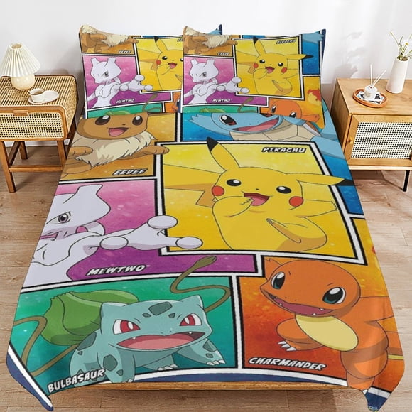 Pi-ka-chu Bed Duvet Cover Microfiber Bedding Sets 3D Printed Lightweight 3 Piece Comforter Sets for Kids Boys Girls