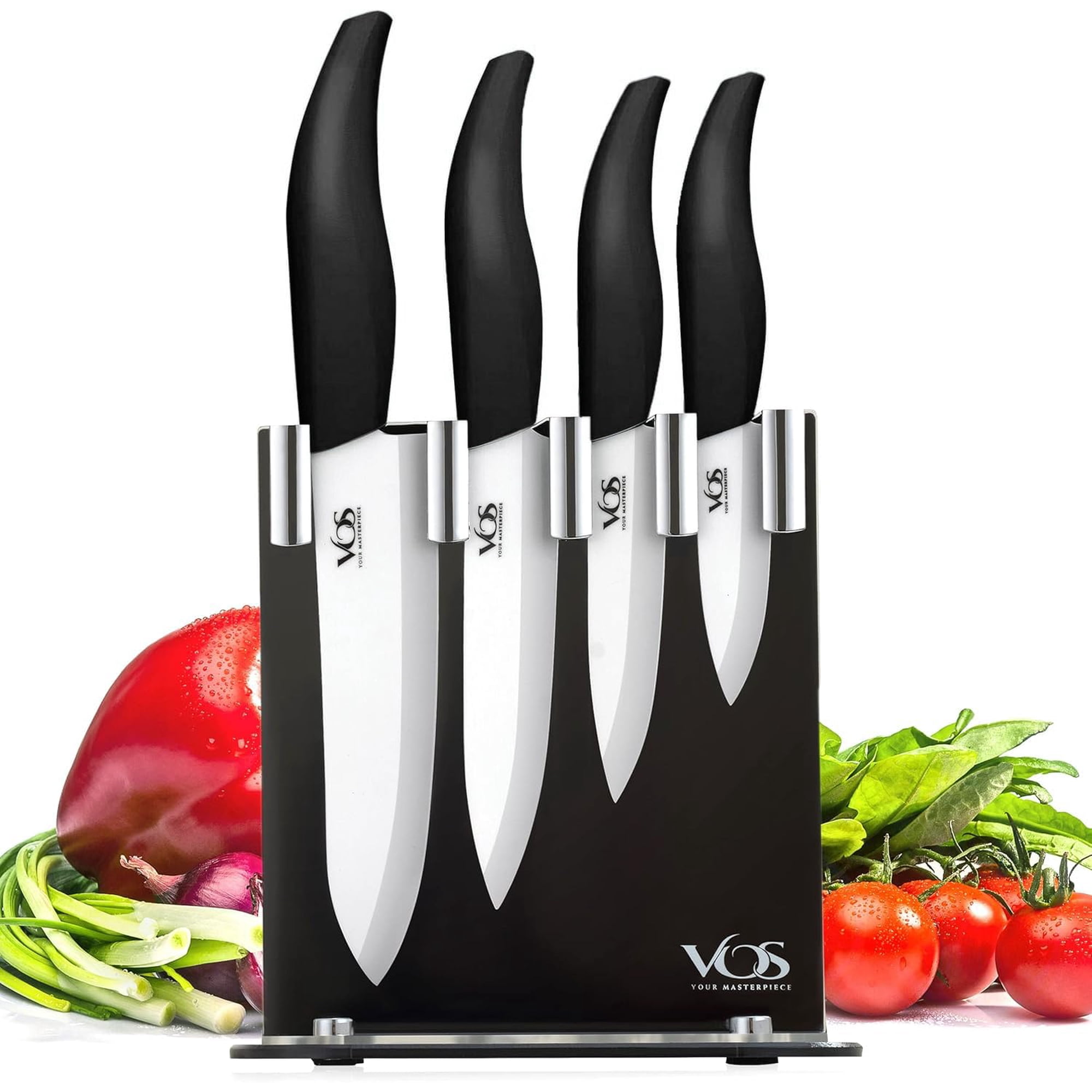 Juego De Cuchillos De Cerámica Vos Kitchen Con Bloque, 4 Piezas, Chef Utility Black