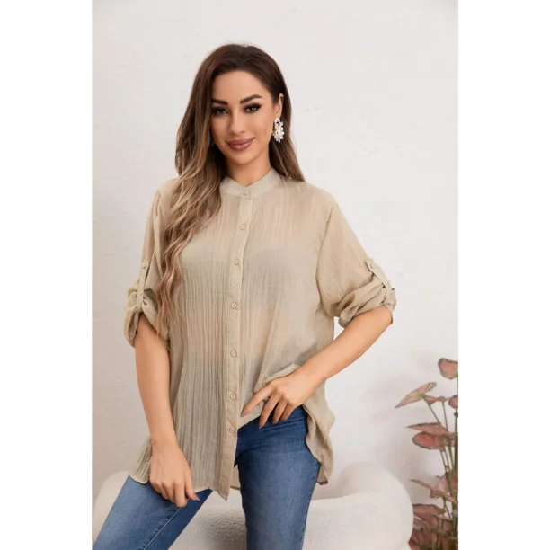 Blusa Mujer Lino Algodón Premium Liviana manga Larga Cuello Mao 8055