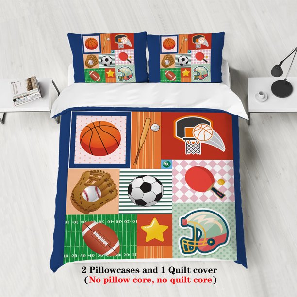3pcs Sports Ball Theme Series Print Bedding Set with Stitching Print for Bedroom and Guest Room -1 Duvet Cover and 2 Pillowcases