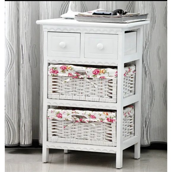MESA DE NOCHE BLANCO LACADO CON DOS CANASTOS FORRADO FLORES