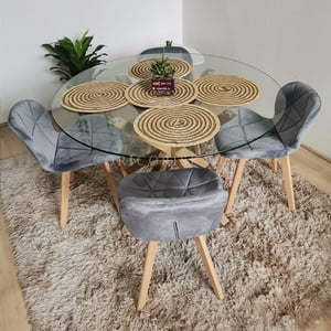 Coricori - Comedor Mesa Vidrio D120 + 4 Sillas Mariposa Velvet Gris