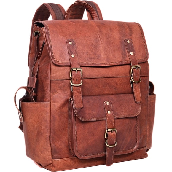 Mochila Zinria Leather vintage de cuero marrón para portátil de 17 pulgadas