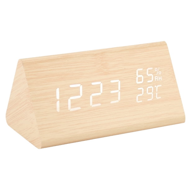 Reloj de madera triangular con control de voz creativo, pantalla digital, alarma de temperatura y humedad.