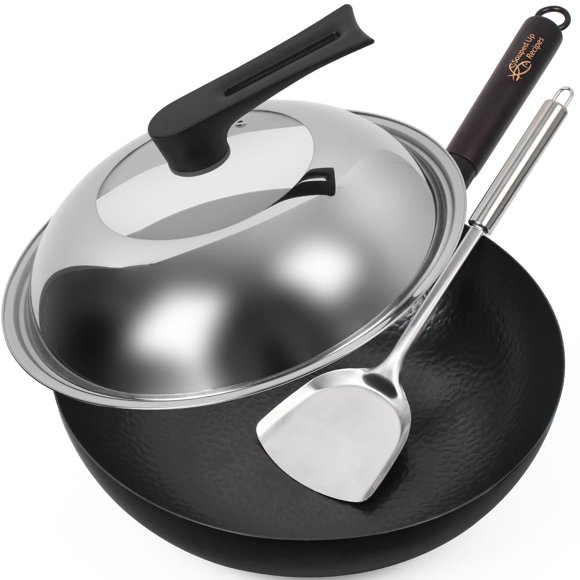 Wok Souped Up Recipes, acero al carbono, 32 cm, con tapa y espátula