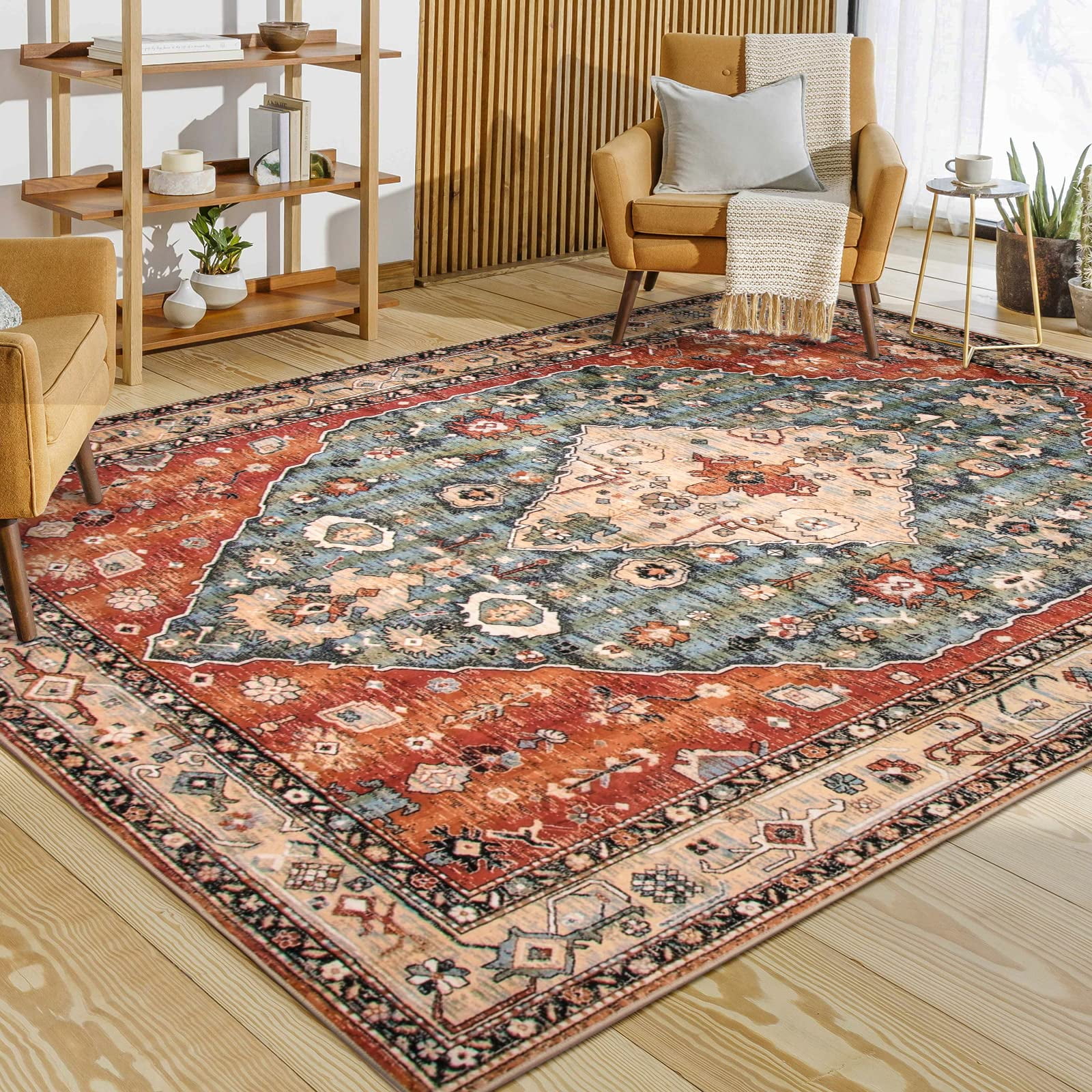 Alfombra Lahome Boho Tribal De 240 X 300 Cm, Lavable, Color Azul Oxidado Y Opaco