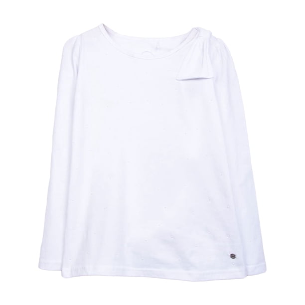 Polera Niña Manga Larga Cinta en Hombro y Perlas Blanco