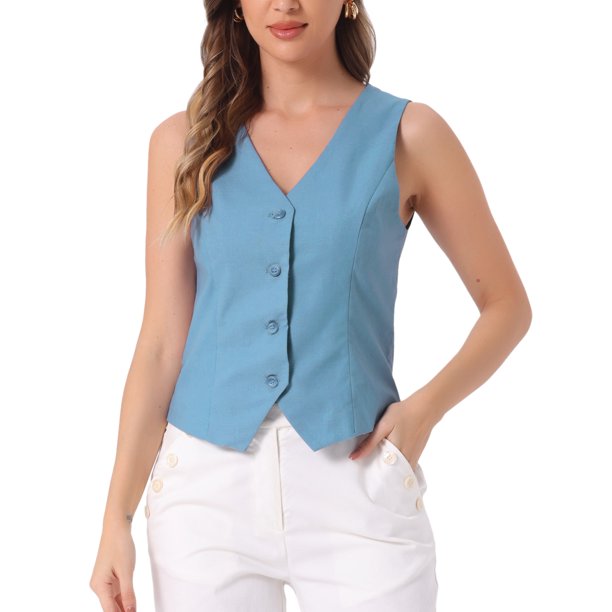 INSPIRE CHIC Chaleco de Mujer sin Mangas con Botones, Escote en V, Regreso a Clases, Chaleco Corto Azul Claro Talla S