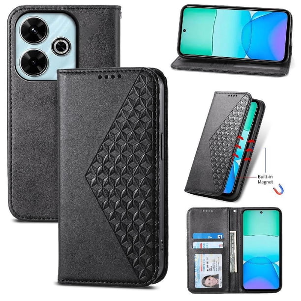 Funda Flip FOXDOCK para Xiaomi Redmi Note 13R 5G , Estilo Billetera con Diseño Rombo, Correa de Mano y Soporte, Uso Diario