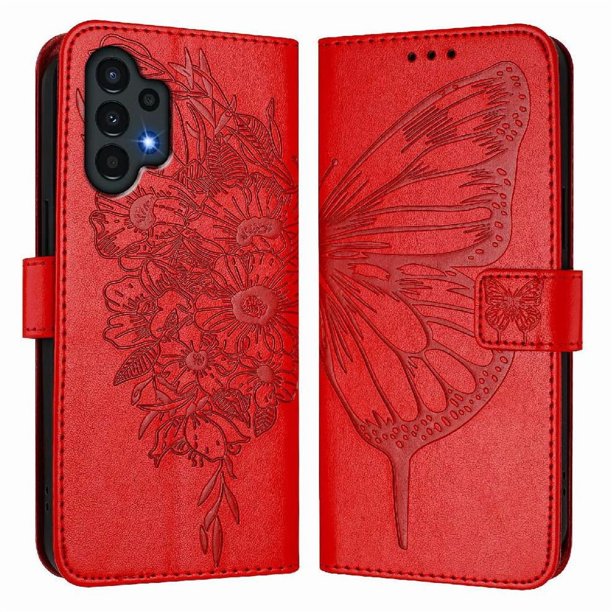 Funda Cartera Mariposa Para Samsung Galaxy A04s Con Soporte Y Ranuras Para Tarjetas Rojo