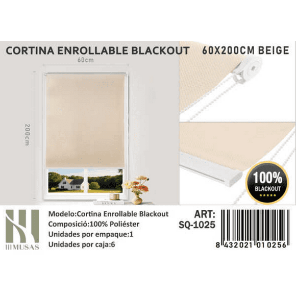 Cortina Roller Blackout 60x200cm Beige 1025