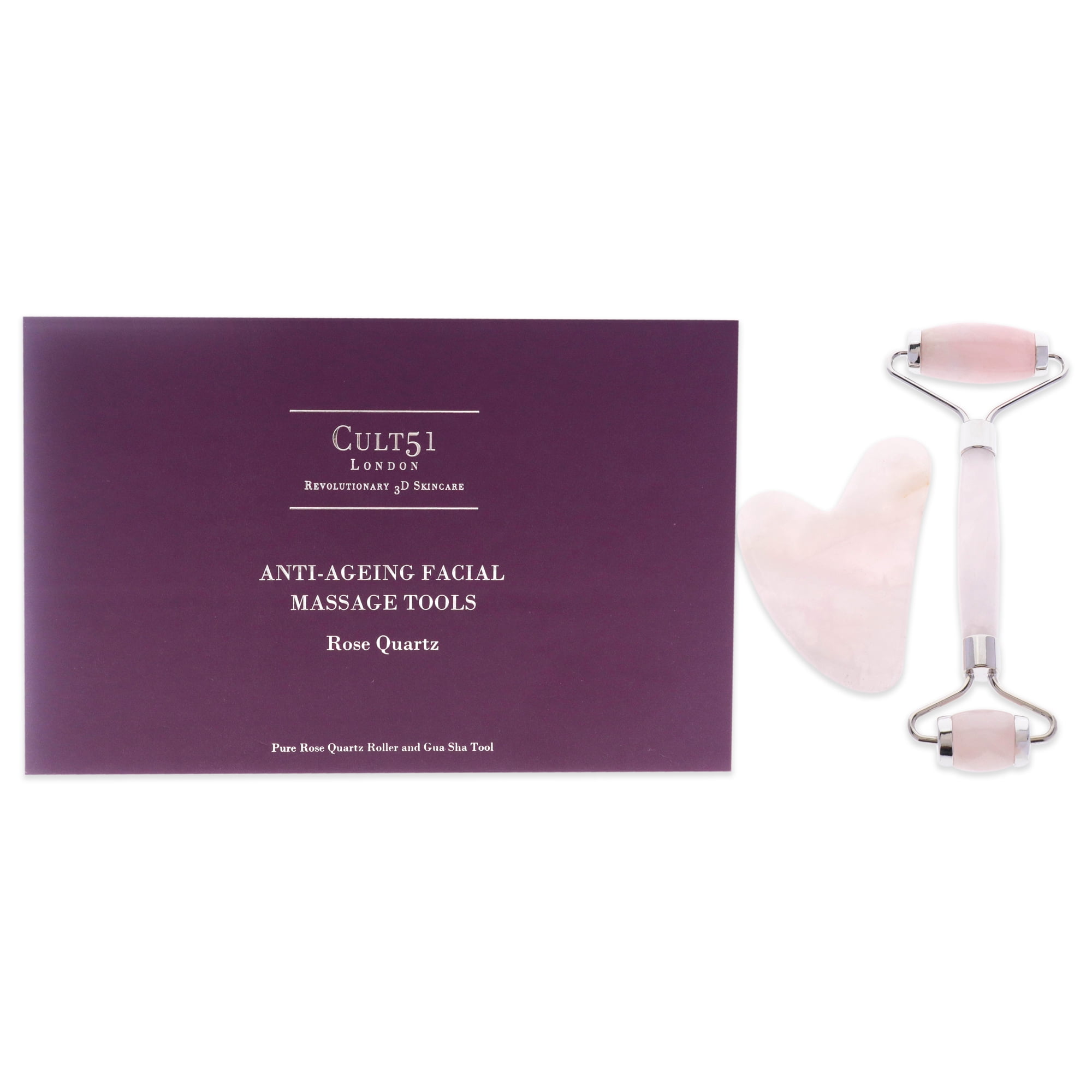 Cult51 - Herramientas De Masaje Facial Antienvejecimiento De Cult Para Unisex: Rodillo De Cuarzo Rosa Puro, Herramienta Gua Sha