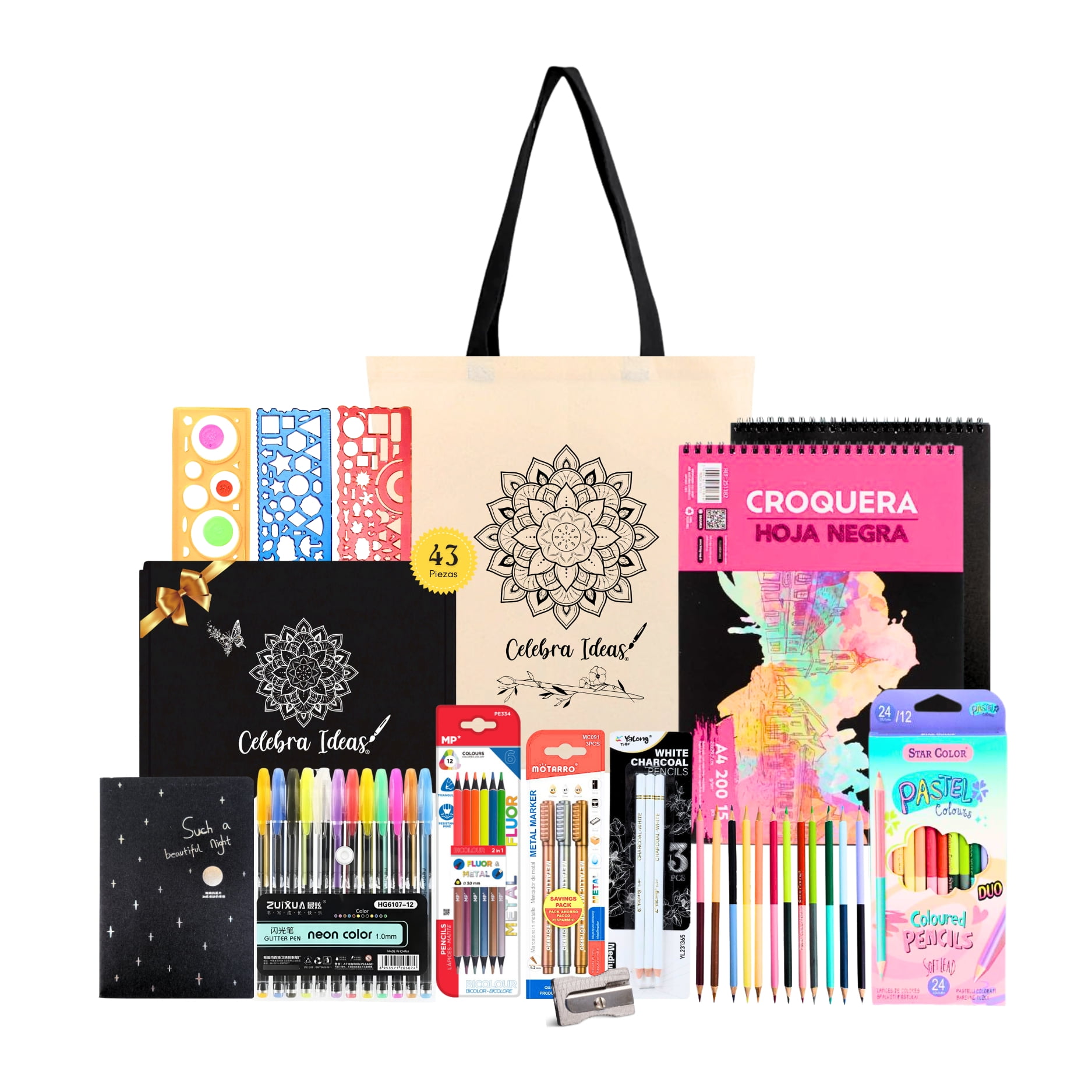 Celebra Ideas - Set Kit De Arte Dibujo En Hojas Negras Colores Metal Fluor Pastel