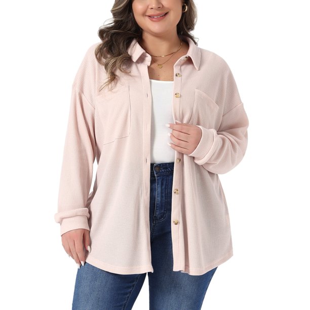Agnes Orinda Conjuntos de Halloween para Mujeres Tallas Grandes Camisa de Punto Waffle Chaqueta Casual de Manga Larga con Botones Blusas 1X Rosa Claro