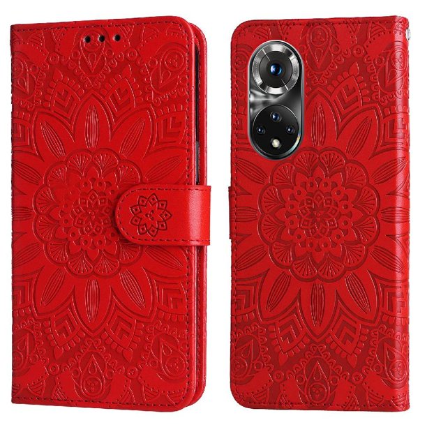 Funda tipo cartera FOXDOCK para Honor 50 Pro , diseño girasol en relieve, cuero PU, cierre magnético, soporte y tarjetero