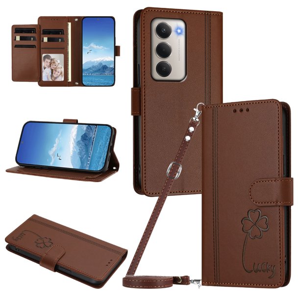 Funda Cartera Trébol para Xiaomi Redmi 15 4G/5G con Ranuras Tarjetas y Carga Inalámbrica Marrón
