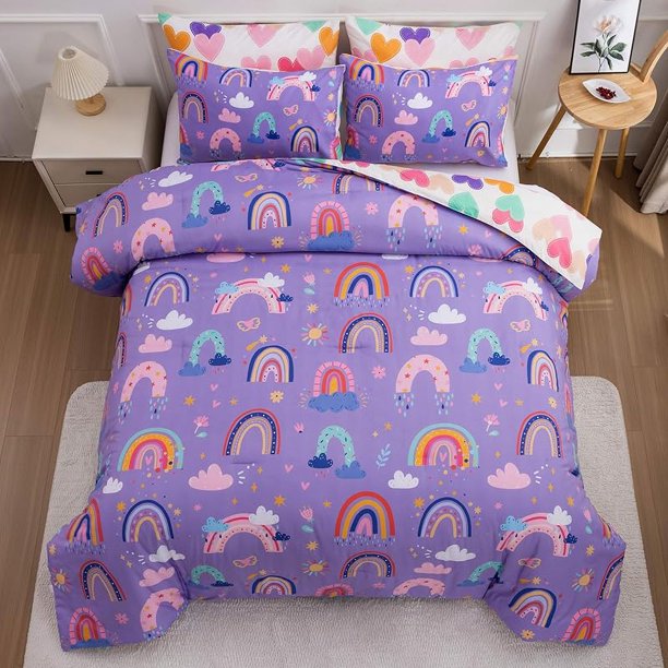 Lightwe-ight So-ft 3 Piece R-ainbow Comfort-er Set with 2 Pillo-w Covers Cartoon Lo-ve Hearts Suns -and Stars Bedding Set- for Girls Boy-s Kids Twin Dark Blue