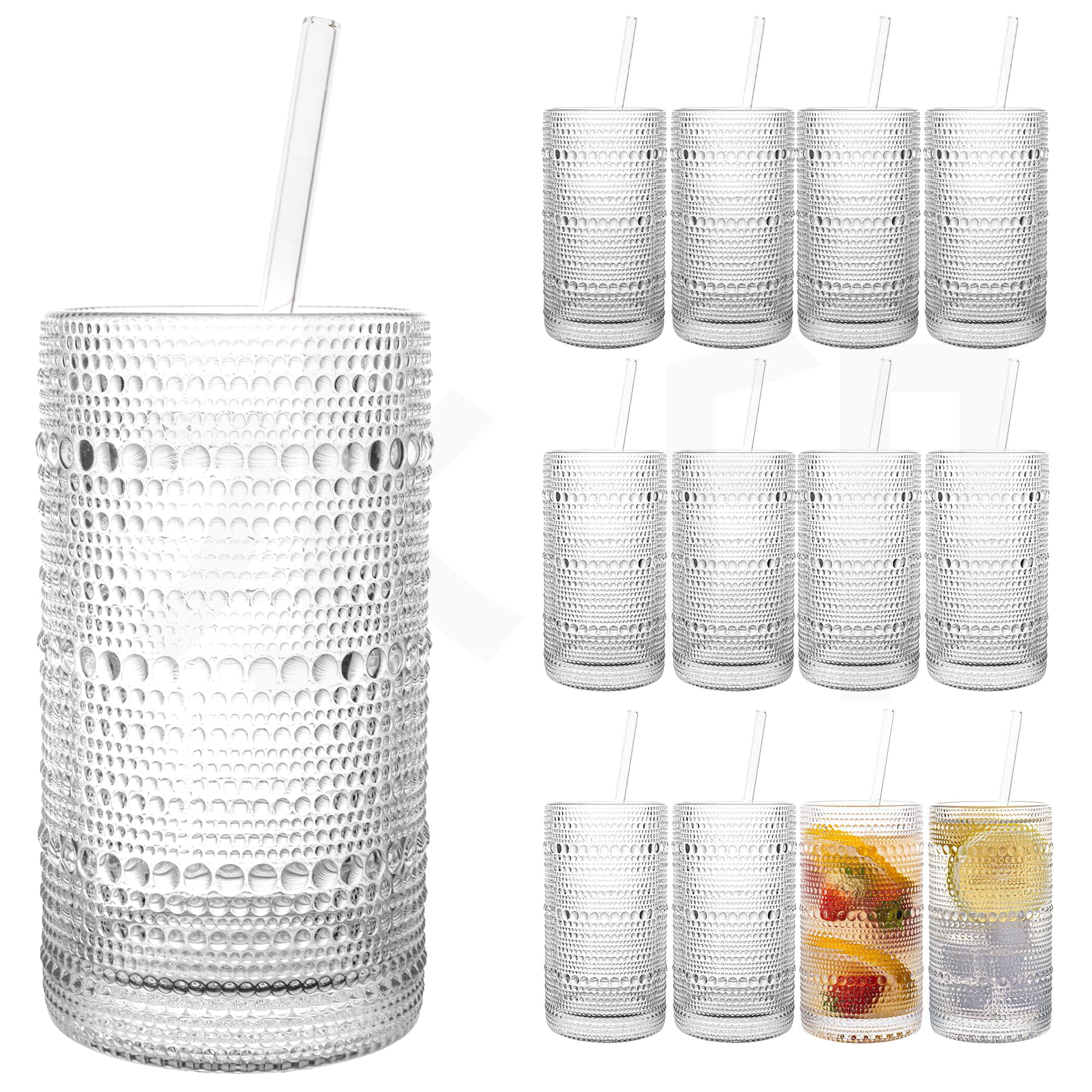 Juego De Vasos Dingerjar Estilo Hobnail De 480 Ml (16 Oz) Con Pajillas, 12 Piezas
