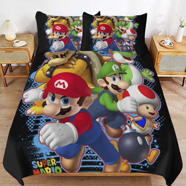 Super Mario 3-Piece Comforter Set for Bedroom Super Mario Bedding Set for Kids Adults Soft Microfiber Duvet Cover Set with Zipper Closure