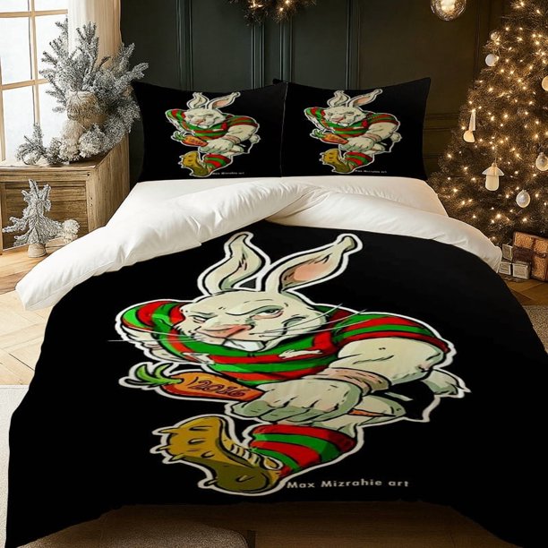 3pcs Rabbit Team Illustration Digital Print Bedding Set Light Beige-Friendly Polyester Fabric