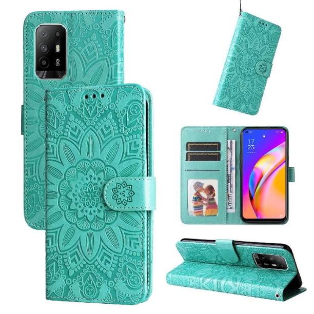 Funda tipo cartera FOXDOCK para OPPO A95 5G , diseño girasol en relieve, cuero PU, cierre magnético, soporte y tarjetero