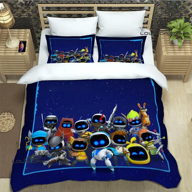 v728 Bed Sheets game ASTRO BOT Cartoon Bedding Sets exquisite bed supplies set duvet cover bed comforter set bedding set luxury Birthday Gift 3-Piece Bedding Set (1 Duvet Cover + 2 Pillow Shams) Bed S