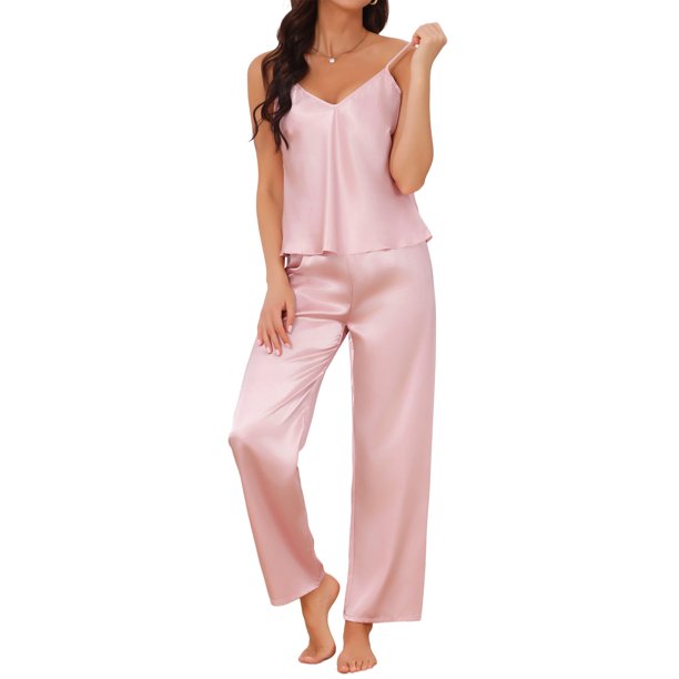 INSPIRE CHIC Conjunto de Pijama de Satén para Mujer Camisola sin Mangas de Encaje y Pantalones 2 Piezas Ropa de Casa con Tirantes Ajustables XL Rosa