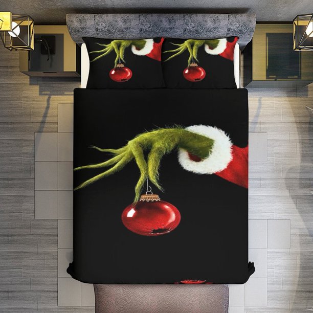 Comforter Set Queen Size Christmas Grinch Wallpaper Set with 2 Pillowcases for All SeasonsBedding Set 3pcs for Kids Boys Girls Bedroom Decor Bed Sheets