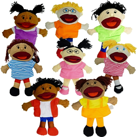 Paquete de 8 marionetas de mano para niños, multiculturales con boca móvil