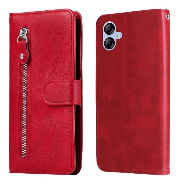 Funda tipo cartera para Samsung Galaxy A04E 4G con bolsillo con cremallera y ranuras para tarjetas – Función de soporte Rojo