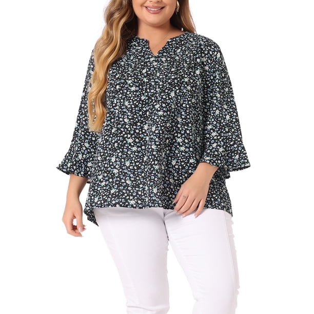 Agnes Orinda Blusa Floral de Talla Grande para Mujer con Cuello en V Plisado y Mangas 3/4 3X Negro