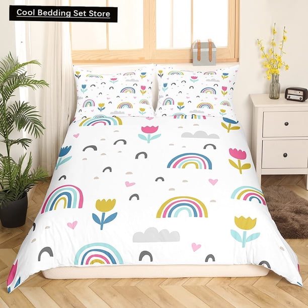x2209 Bed SheetsCartoon Rainbow Duvet Cover Kids Girls Colorful Clouds Bedding Set Love Heart Comforter Cover Polyester Quilt Cover 3-Piece Bedding Set (1 Duvet Cover + 2 Pillow Shams) nj2209