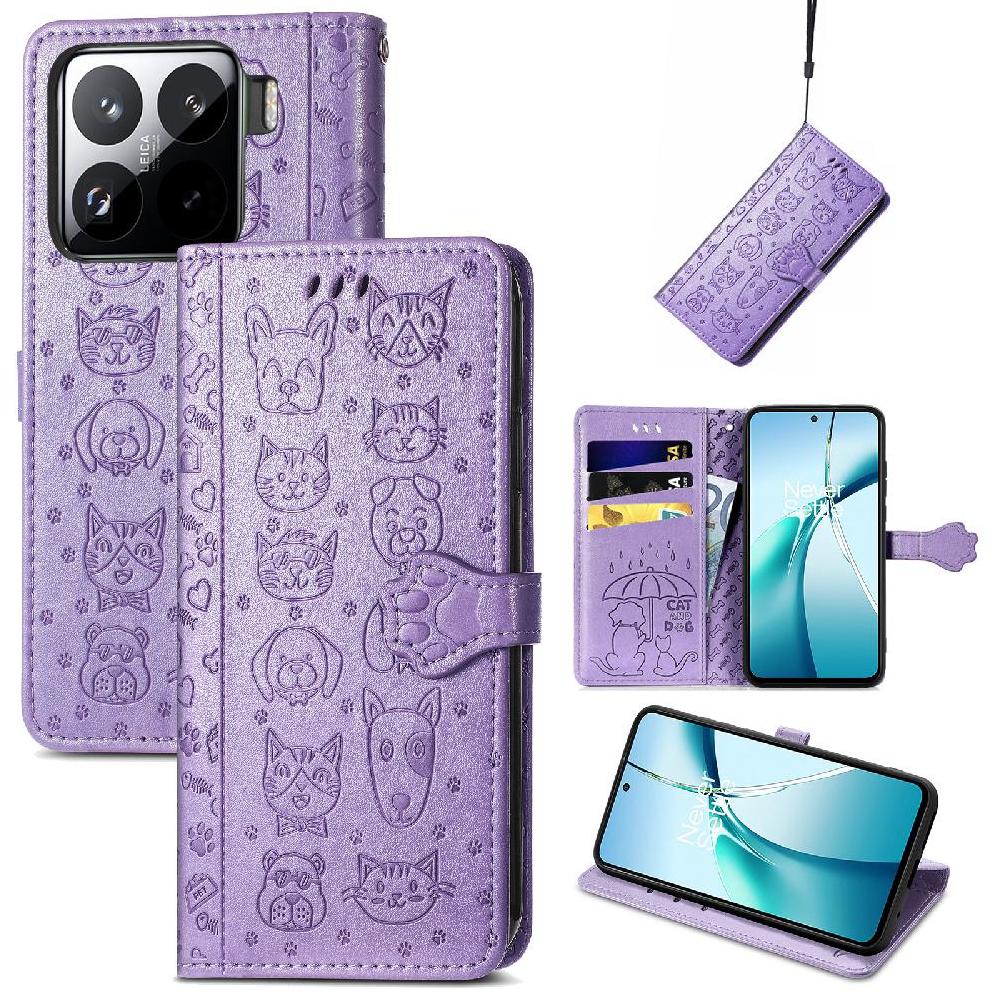 Funda Cartera Foxdock Para Xiaomi 15 , Flip Pu Con Relieve De Gatos Y Perros, Tarjetero Y Soporte