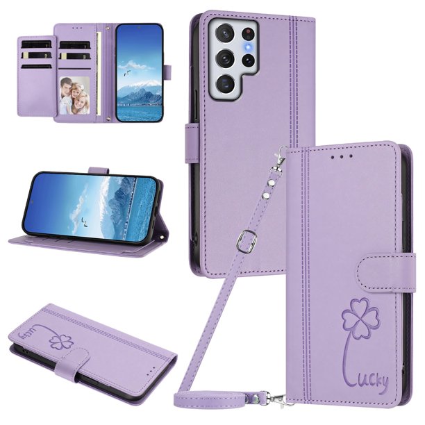 Funda Cartera Trébol para Samsung Galaxy S22 Ultra con Ranuras Tarjetas y Carga Inalámbrica Morado claro