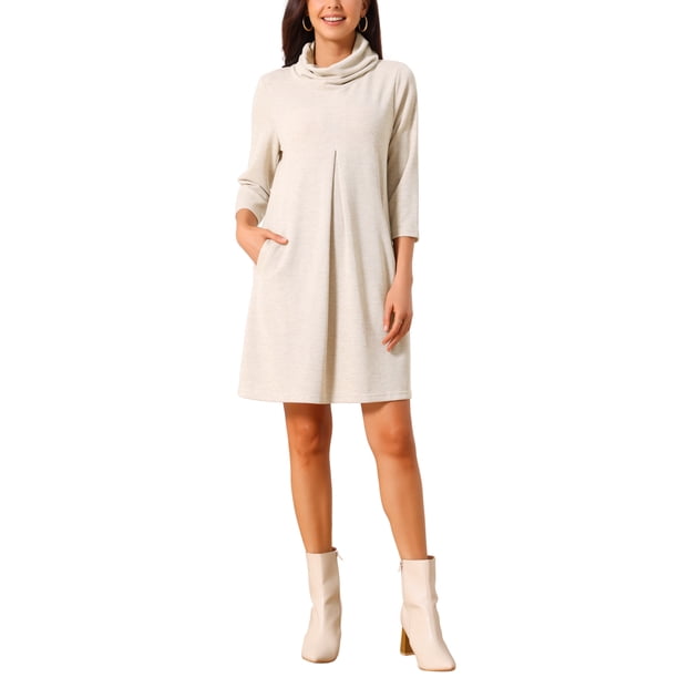 INSPIRE CHIC Vestido de Punto de Cuello Alto para Mujer, Manga 3/4, Vestidos Sueltos de Invierno para Atuendos Casuales y Elegantes M Beige