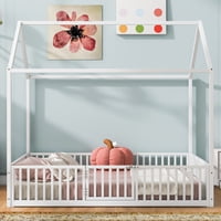 M&Ms - Full Size Metal House Bed With Fence And Door, White