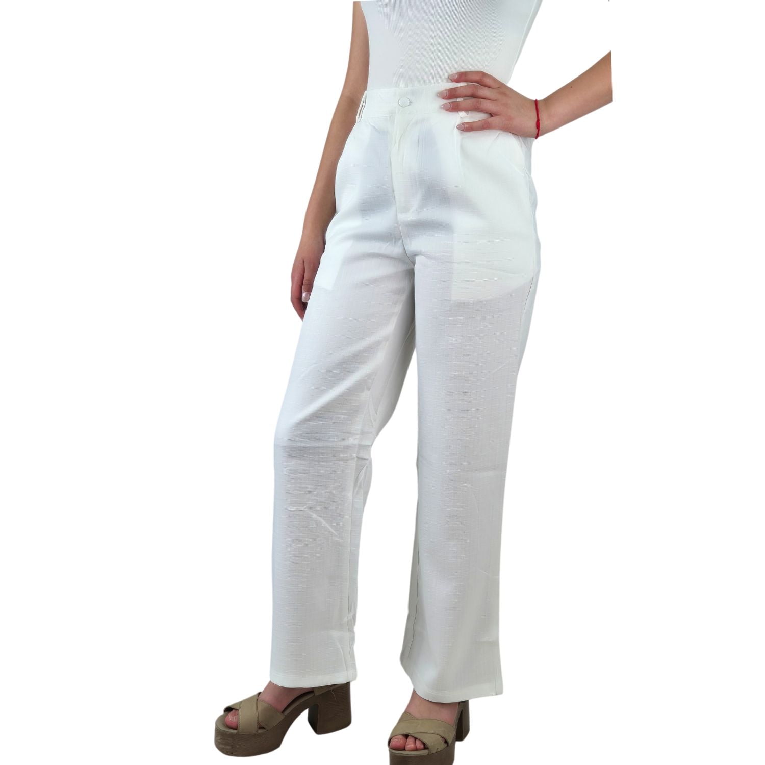 Likeshop - Pantalón Vestir Semi Formal Tipo Lino Recto Casual Tiro Alto 096