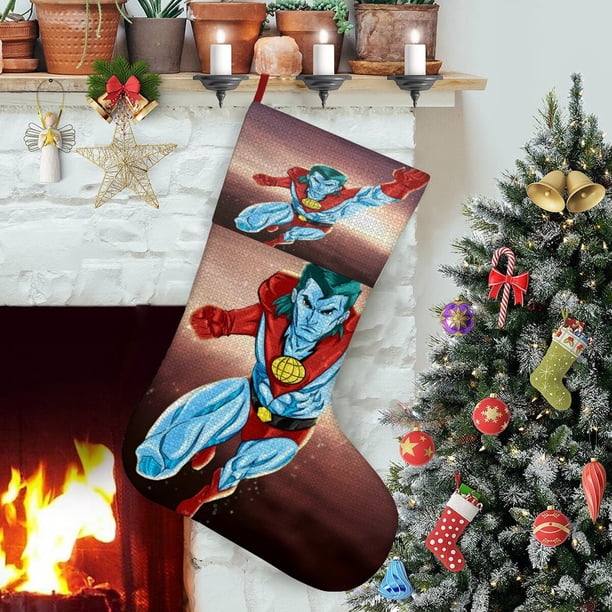 Capitán Planeta Tema: Calcetines de Navidad, fino lino blanco para colgar en escaleras y chimenea, decoración navideña para el hogar, regalo de Navidad. 45cm × 32cm