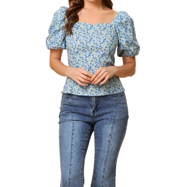 INSPIRE CHIC Blusa Floral de Mujer con Escote Cuadrado de Corazón, Mangas Abullonadas, Espalda Fruncida, Top Casual Azul L