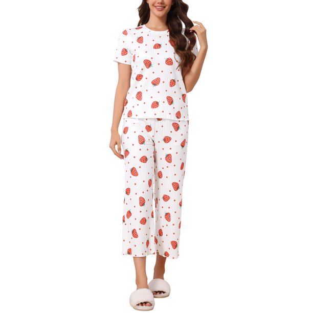 INSPIRE CHIC Conjunto de Pijama de Mujer Acanalado de Manga Corta Modal con Puños Volantes y Pantalones de Descanso Suaves S Fresa
