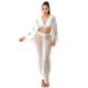 thumbnail image 1 of Saronite Conjunto de Blusa de Manga Larga con Cuello en V y Falda con Cintura Elástica Larga Desgastada, Blanco (para Mujer), 1 of 2