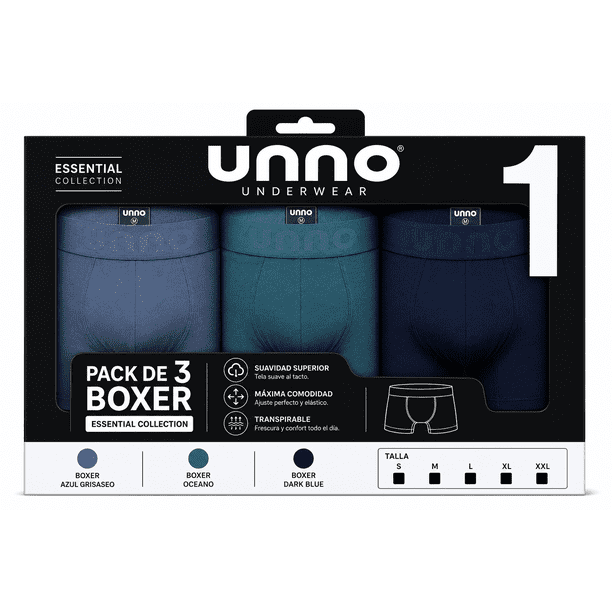 Pack 3 Boxer Essential Collection 1, algodón peruano premium. (Boxer Azul Grisaseo + Boxer Oceano + Boxer Dark Blue), TALLA M