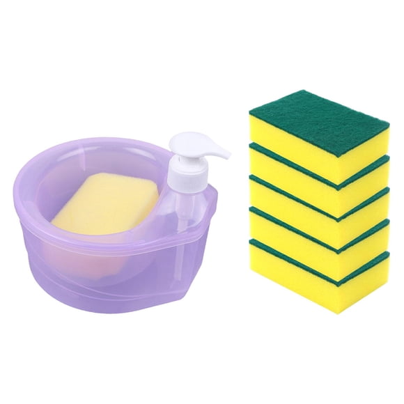 dor de líquido para lavar platos con soporte de esponja dor de jabón de cocina multifuncional con capacidad de 1000 ml (6 X estropajos , Violeta