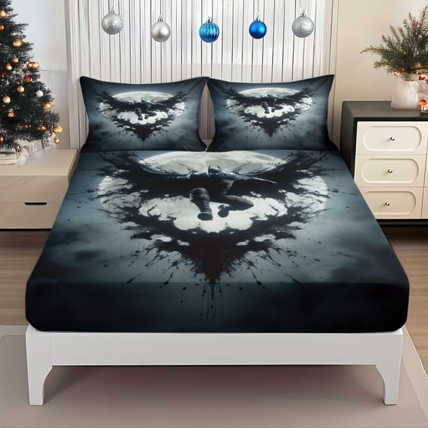 Bed Sheet Set with Moonlit Bat City Justice Hero'S Night Legend Theme Design Elastic Fit Mattress Protector Creative Deep Pocket for Small/Medium/Large/XL Beds