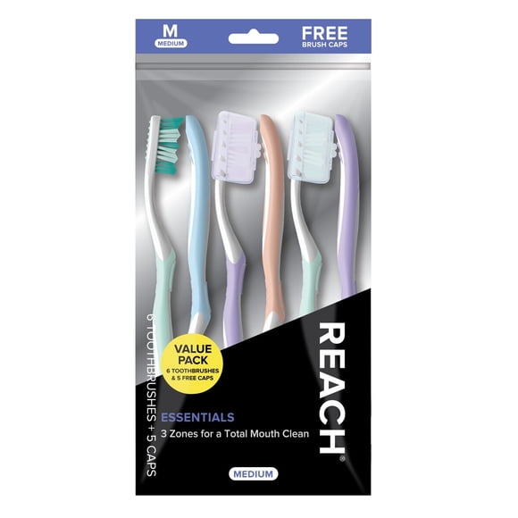 Cepillo Dental Reach Essentials Manual Medio 6 Unidades con Capuchón