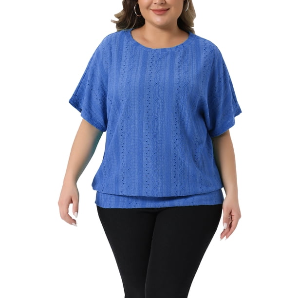 Agnes Orinda Women's Plus Size Top de Día de San Patricio con Dobladillo de Doble Capa con Ojales, Cuello Redondo, Mangas de Murciélago, Camisetas Informales de Verano 3X Azul Real