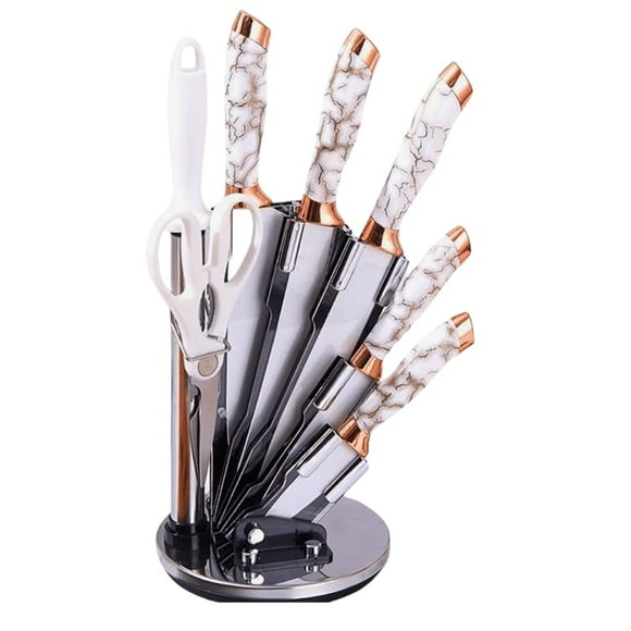 Set 8 Cuchillos De Cocina Marmoleado Base Giratoria Blanco Dorado