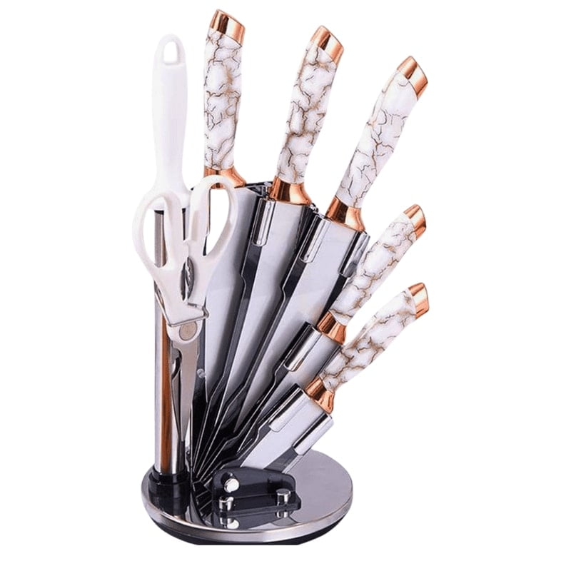 Mp - Set 8 Cuchillos De Cocina Marmoleado Base Giratoria Blanco Dorado