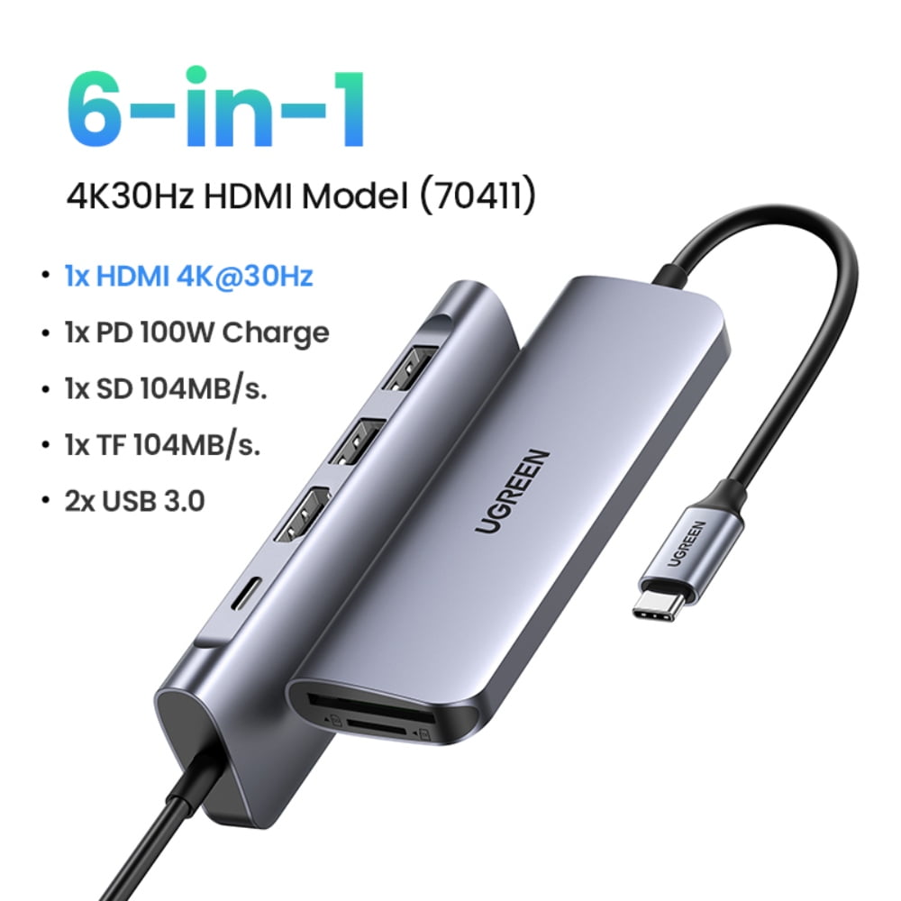 Ugreen - Multipuerto Usb-c / (1hdmi 4k/30hz)+(2usb 3.0)+(sd/microsd)+(inusb-c Pd) Cm195